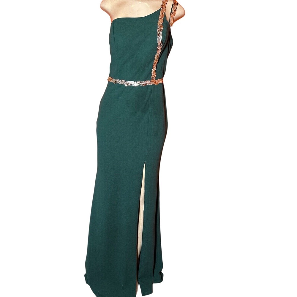 Mgiacy Emerald Green Formal Dress One Shoulder Slit Maxi Gown M